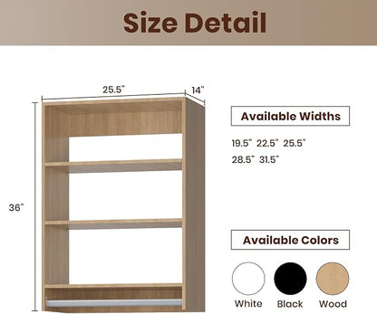 ROOMTEC 25.5" Medium Hanging Closet Unit, Modular Closet System with Hanging Rod, Wardrobe Organizer for Bedroom or Walk-in Closet, Wall Mounted, Customizable Clothes Storage Unit, Wood