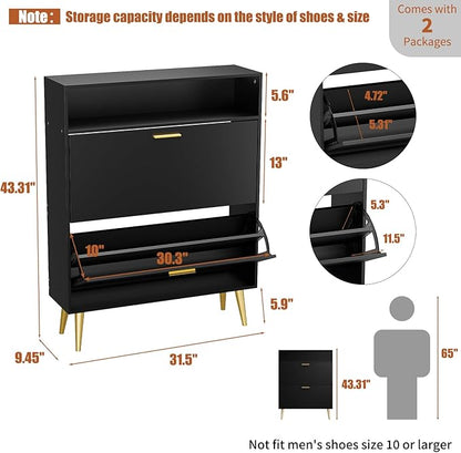 JOZZBY Shoe Cabinet for Entryway, Narrow Shoe Storage Cabinet with 2 Flip Drawers, Freestanding Hidden Shoe Rack Storage with Open Shelves for Hallway, Living Room, Set of 2, Black
