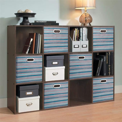 13 inch Collapsible Storage Cubes Bins Teal Stripes Fabric Storage Boxes Foldable Cube Inserts Storage Grey Printed Folding Cloth Storage Baskets Drawer Organizer ,QY-SC05-6