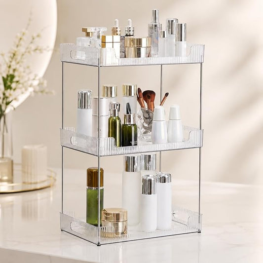 Goderewild 3 Tier Bathroom Counter Organizer, Multi-Purpose Cosmetics Skincare Shelf, Fits A4 Size Makeup Organizer for Office and Vanity Tray, Countertop Storage Solution for Kitchen,Bath.(Clear)