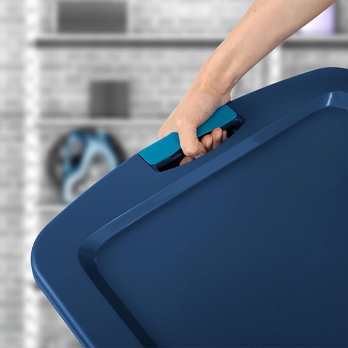 Sterilite 18 Gal Latch and Carry, Stackable Storage Bin with Latching Lid, Plastic Container to Organize Closets, Clear with Blue, 6-Pack
