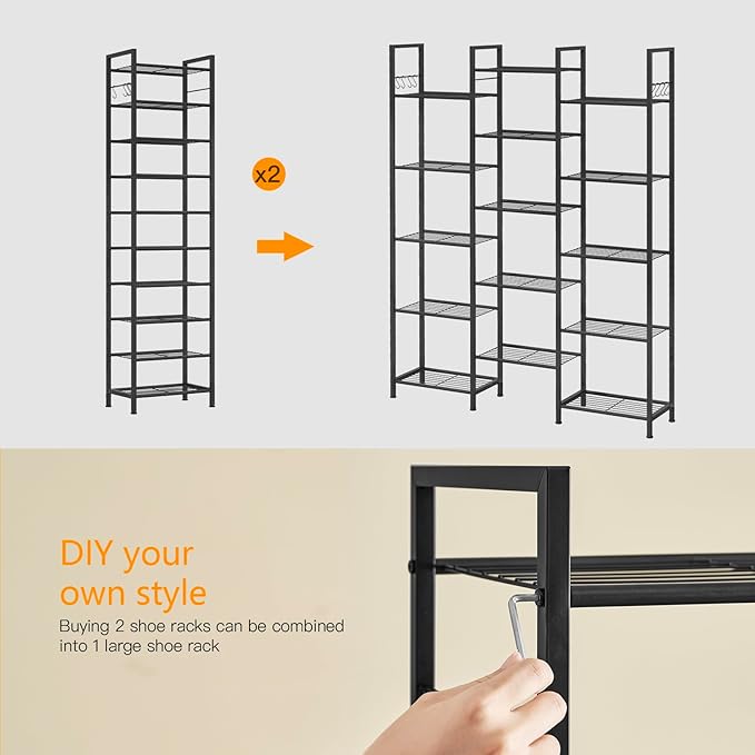 usikey 10 Tiers Narrow Shoe Rack 20-30 Pairs, Sturdy Metal Tall Shoe Rack Shelf with 4 Hooks, Slim Shoe Storage with Metal Shelf, Space Saving Vertical Shoe Organizer for Entryway Black UNYXJX018H