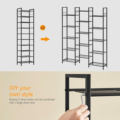 usikey 10 Tiers Narrow Shoe Rack 20-30 Pairs, Sturdy Metal Tall Shoe Rack Shelf with 4 Hooks, Slim Shoe Storage with Metal Shelf, Space Saving Vertical Shoe Organizer for Entryway Black UNYXJX018H