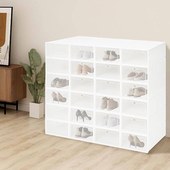 24Pcs Stackable Shoe Storage Boxes with Clear Doors - Foldable Shoe Organizer for Closet Cabinet, Black/White/Green Options for Sneakers Boots Home Organization (White)