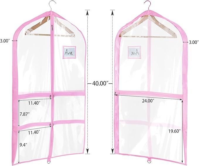Univivi Clear Pink PVC Dance Costume Bags Garment Bag 40 Inch for Dance Competitions, with 4 Medium Clear Zipper Pockets and 1 Large Back Zippered Pocket(Clear/Pink)