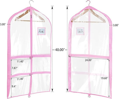 Univivi Clear Pink PVC Dance Costume Bags Garment Bag 40 Inch for Dance Competitions, with 4 Medium Clear Zipper Pockets and 1 Large Back Zippered Pocket(Clear/Pink)