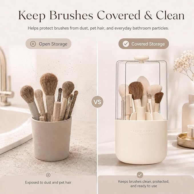 EACHY Makeup Brush Holder with Lid, 360° Rotating Vanity Organizer for Brushes, Dustproof Cosmetic Display Case, 7 Compartments, Waterproof Plastic (Beige)