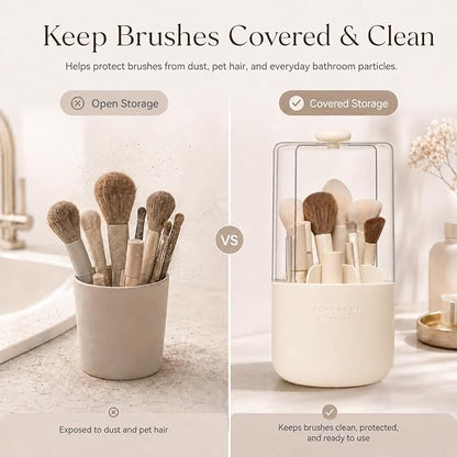 EACHY Makeup Brush Holder with Lid, 360° Rotating Vanity Organizer for Brushes, Dustproof Cosmetic Display Case, 7 Compartments, Waterproof Plastic (Beige)