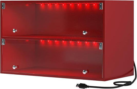 LED Wooden Shoe Box With Glass Door, Storage Organizer With RGB Light for Up to 6 Pairs, Display Bin for Sneakers (Red, 2 Layers)