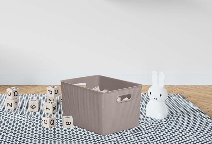 Decorative Plastic Basket Open Home Storage Bins Organizer, X-Large Taupe (2 Pack) Container Boxes for Organizing Closet Storage Bins for Shelves Drawer Shelf - Ribbed Collection 22 Liter/23 Quart