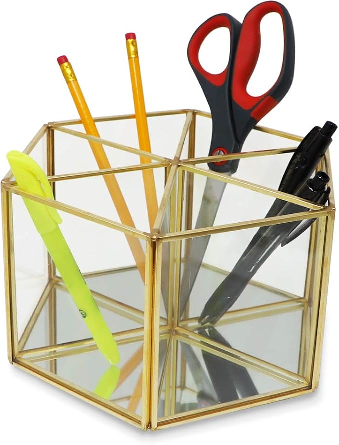 Isaac Jacobs 6-Compartment Rotating Makeup Brush Holder, 360 Degree Acrylic Carousel, Vintage Style Brass and Glass Organizer, Storage Solution with Mirror Base for Makeup, Kitchen, Crafts, & More