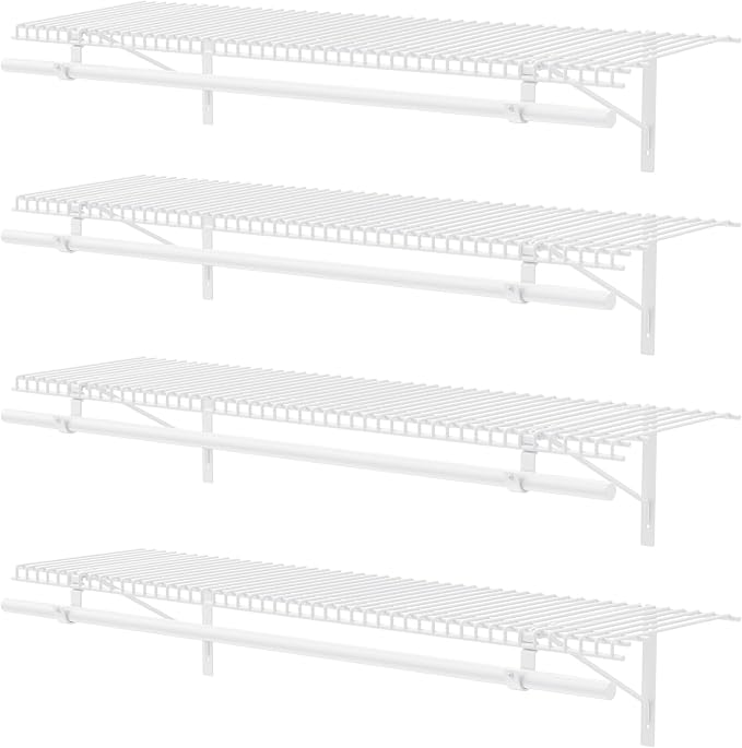 Supforce 4 Pack Closet Shelves with Triangular Brackets and Hanging Rod, 4FT X 12IN Wall Mounted Wire Shelving Orgnizer for Closet,Laundry Room,Pantry,Load Up to 150lb, White