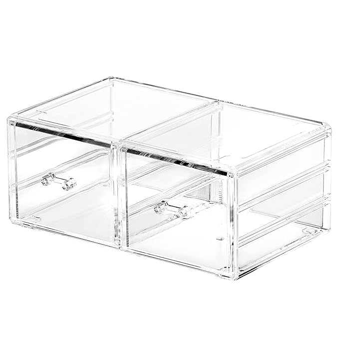 Cq acrylic Clear Stacking Make Up Organizers and Storage With 2 Drawers,4.7" Tall Acrylic Medicine Cabinet Organizer,Plastic Desktop Drawers Organizer for Vanity, Undersink, Kitchen Cabinets,Bathroom