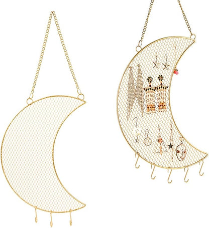 Rolin Roly Earring Wall Holder Wall Mounted Jewelry Rack Hanging Earring Organizer with3 Hooks Moon Shaped for Display Grid Golden Bracelet Necklace Ring