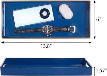 MAONAME Blue Bathroom Tray, Plastic Vanity Trays with Handles, Small Long Narrow Trays, Perfume Organizer Tray for Dresser, Bathroom Accessories, 13.8" x 6" x 1.58"