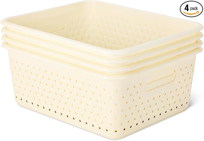 Amazon Basics Decorative BPA-Free Plastic Storage Baskets, 13.66 x 11.34 x 5.39, Ivory, Pack of 4