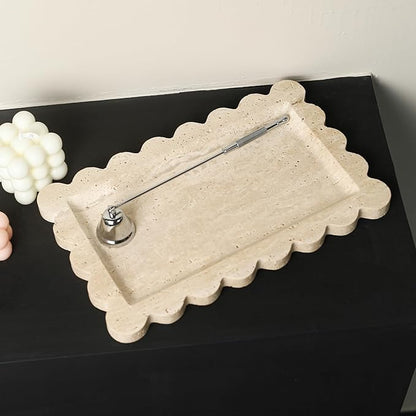 Natural 100% Marble Vanity Tray Luxury Scalloped Marble Storage Rectangle Italian Travertine Tray for Home Decor Stone Tray for Bathroom/Kitchen/Candle Key (Rectangle-11.8 * 7.4-Beige Travertine)