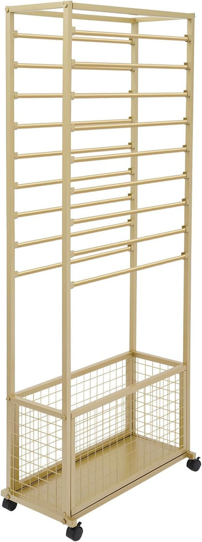 20-Tier Double-Sided Ribbon Holder Organizer Rack with Storage Basket & Wheels, Multifunctional Flower Wrapping Paper Display Stand for Craft Rooms, Flower Shops (Gold, 26.38''W x 12.6''D x 59.06''H)