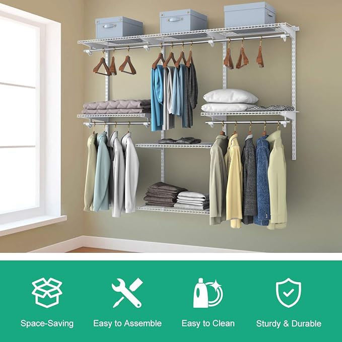 Tangkula 4 to 6 FT Custom Closet System, Wall Mounted With Hanging Rod, Metal Storage Organizer Rack Wardrobe With Shelves, Adjustable Kit for Bedroom
