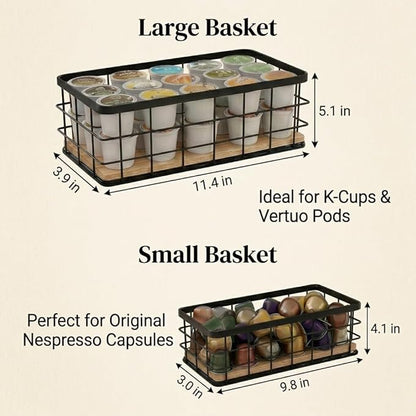 2-Pack Coffee Pod Holder Basket with Wood Base - Modern Rustic Coffee Pods Organizer for Coffee Station & Bar, High-Capacity Wire Capsule Storage for Kitchen Countertop Office
