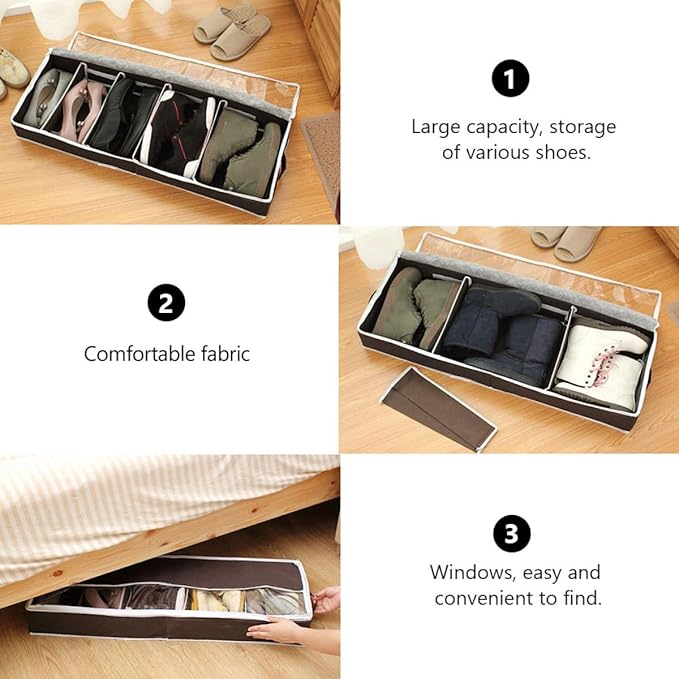 OSALADI Multi-purpose Small Shoe Storage Box with Window Non-woven Portable Shoes Organizer for Closet and Dormitory Space-saving Sectioned Storage Case in Coffee Color