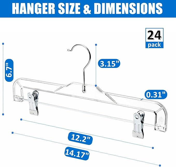 Amber Home 24 Pack Clear Plastic Pants Hangers, Skirt Hangers with 2 Adjustable Clips for Jeans, Slacks & Shorts, Crystal Clear Clothes Hangers with 360° Swivel Hook