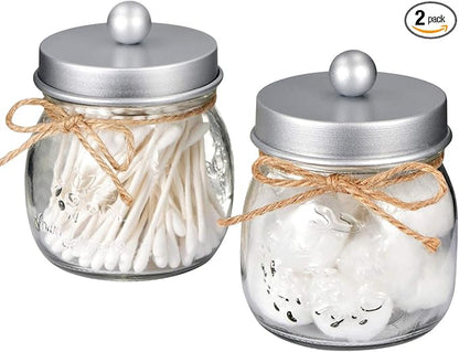 SheeChung 2 Pack Qtip Holder for Bathroom, Cotton Swab Holders, Cute Mason Jars Decor, Bathroom Decor and Accessories for Cotton Round Pads, Balls, Floss Pick - Frosted Silver