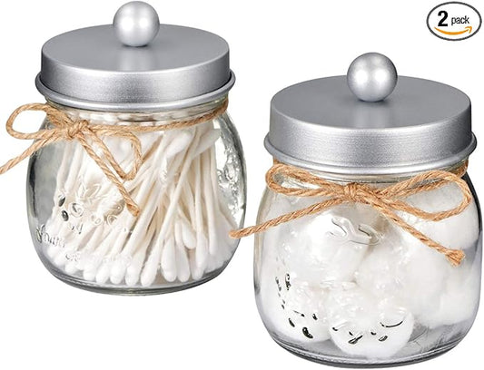 SheeChung 2 Pack Qtip Holder for Bathroom, Cotton Swab Holders, Cute Mason Jars Decor, Bathroom Decor and Accessories for Cotton Round Pads, Balls, Floss Pick - Frosted Silver