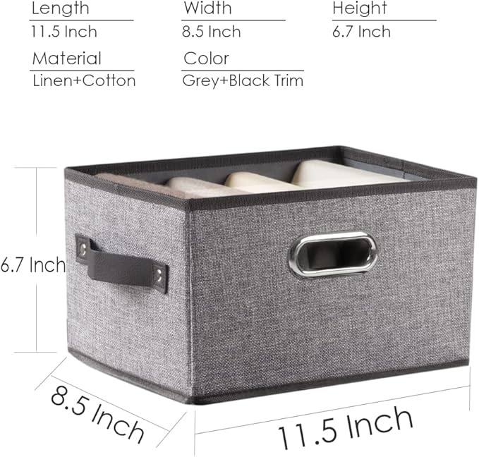 PRANDOM Fodable Storage Baskets for Closet [5-Pack] Decorative Fabric Storage Bins Cubes with Leather/Metal Handles for Shelves Bedroom Living Room Grey (11.5x8.5x6.7 Inch)