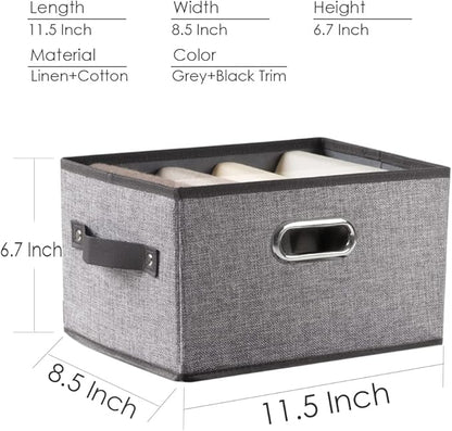 PRANDOM Fodable Storage Baskets for Closet [5-Pack] Decorative Fabric Storage Bins Cubes with Leather/Metal Handles for Shelves Bedroom Living Room Grey (11.5x8.5x6.7 Inch)