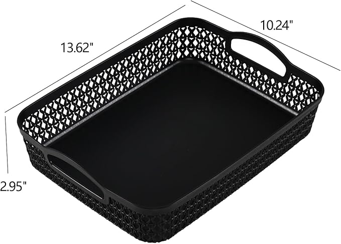 Set of 6 Large Plastic Storage Basket Tray, Black Shallow Paper Basket with Handle