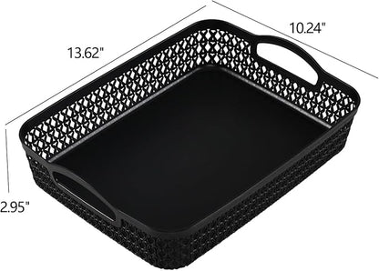 Set of 6 Large Plastic Storage Basket Tray, Black Shallow Paper Basket with Handle