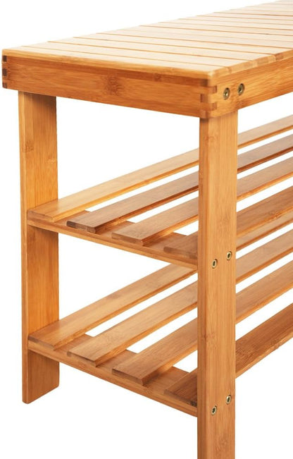 Bamboo shoe rack with storage shelf, three-layer wooden shoe rack, can hold 551 pounds, very suitable for corridor, bathroom, living room and corridor entrance (Wood color (children's version))