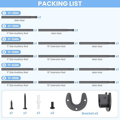 Closet Rods for Hanging Clothes, 17 to 84 Inch Stepless Adjustable Closet Rod, 1.3 Inch Diameter Metal Heavy Duty Closet Hanging Rod for Closet Wardrobes Laundry RV, Black