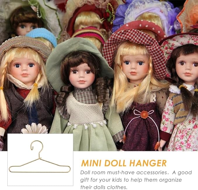 Abaodam 10pcs Mini Hanger Wire Hangers Dress Outfit Holders Mini Doll Coat Hanger Baby Dolls Baby Closet Hangers Gold Black Doll Playhouse Metal Wardrobe Fashion Toddler, Golden