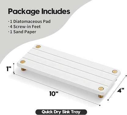 Razborci Instant Dry Sink Caddy Kitchen Sink Organizer, Quick Drying Diatomaceous Earth Stone Sink Tray Sponge Holder Soap Dish, Bathroom Countertop Vanity Dispenser Toothbrush, Gold White, 10" x 4"