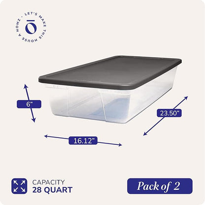 HOMZ 2-Pack Snaplock, Small Clear Plastic Storage Organizer Bins w/ Lids, 28 Quart, Gray - Stackable Container Boxes for Bedroom, Bathroom, Garage, and Office Organization