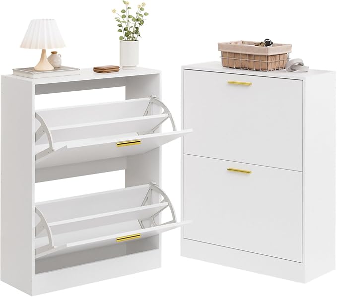 LYNSOM Shoe Cabinet, Free Standing Tipping Bucket Shoe Rack Organizer with 2 Flip Drawers, Modern Entryway Shoe Storage with Top Display, Narrow Slim Hidden Shoe Cabinet (White)
