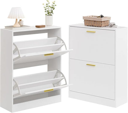 LYNSOM Shoe Cabinet, Free Standing Tipping Bucket Shoe Rack Organizer with 2 Flip Drawers, Modern Entryway Shoe Storage with Top Display, Narrow Slim Hidden Shoe Cabinet (White)