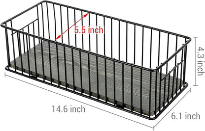 MyGift Modern Bathroom Storage Basket, Black Metal Wire Toilet Paper Holder with Vintage Gray Solid Wood Base, Toilet Tank Organizer Tray with Handles