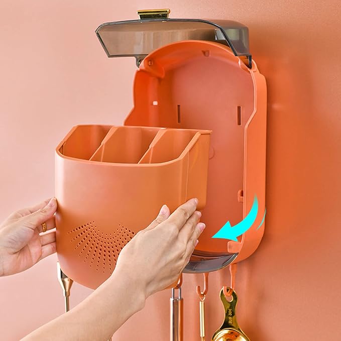 Fdit Wall Mounted Kitchen Utensil Holder with Cover Multifunctional Draining Chopstick Cage with Dust Prevention 3 Compartments Utensil Drying Rack for Cutlery Chopstick Spoons Forks (Orange)