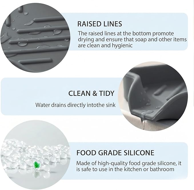MicoYang Silicone Bathroom Soap Dishes with Drain Spout-Bathroom and Kitchen Sink Organizer,Sponge Holder,Dish Soap Tray,Perfect for Dispenser,Scrubber,Bottle,Cup on Sink or Counter-Grey 4.9"×3.2"