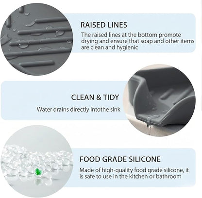 MicoYang Silicone Bathroom Soap Dishes with Drain Spout-Bathroom and Kitchen Sink Organizer,Sponge Holder,Dish Soap Tray,Perfect for Dispenser,Scrubber,Bottle,Cup on Sink or Counter-Grey 4.9"×3.2"