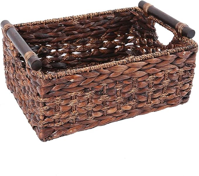 Storage Basket made by Water Hyacinth with Wood Handles, Arts and Crafts. (RectangleA-Large)