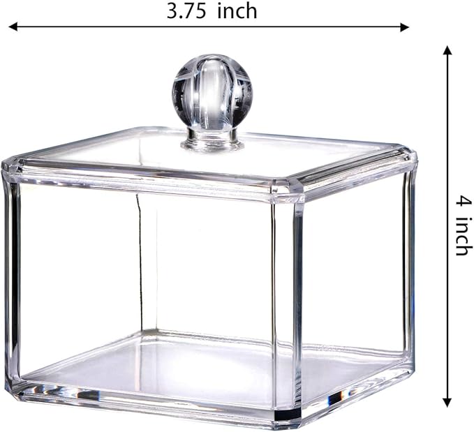 SheeChung Modern Square Acrylic Qtip Holder - Clear Apothecary Jar with Lid - Bathroom Vanity Storage Canister for Cotton Swabs, Balls, Pads - Compact Makeup Sponge Organizer