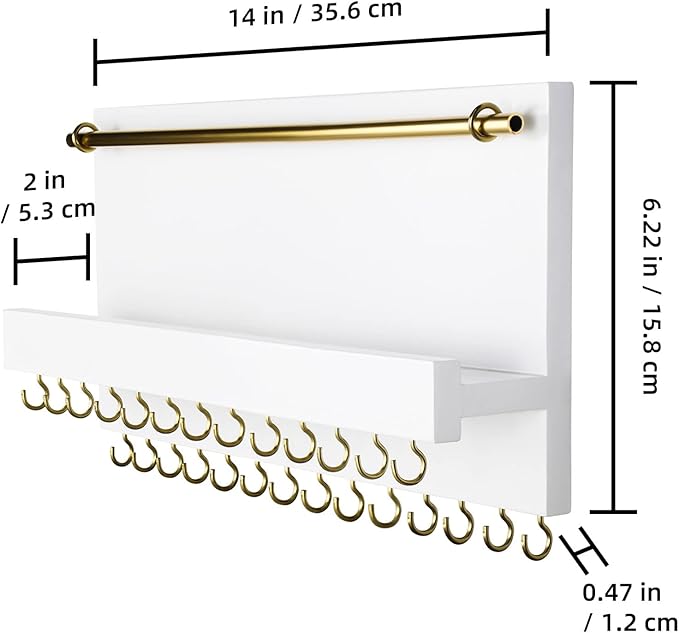 SANY DAYO HOME 27 Hooks Wall Mounted Necklace Holder 14 x 6 inch Hanging Rustic Wooden Jewelry Organizer with Removable Bracelet Rod and Shelf for Kids, Girls, Women - Ivory White