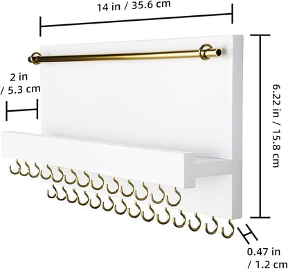 SANY DAYO HOME 27 Hooks Wall Mounted Necklace Holder 14 x 6 inch Hanging Rustic Wooden Jewelry Organizer with Removable Bracelet Rod and Shelf for Kids, Girls, Women - Ivory White