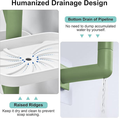 Soap Holder Four Layer Wall Mounted NO-Drilling Rotatable Self-draining Removable Soap Dish for Shower Bathroom Tray,Self Draining Sponge Holder,Razor Holder（White/Green）