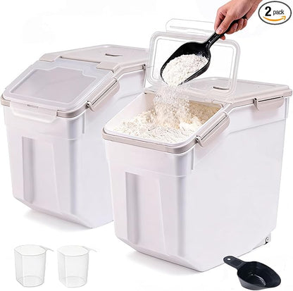 RUIAN 2Pcs Large Flour Storage Container Bin 50Lb Airtight Rice Storage Containers with Wheels Seal Locking Lid, BPA Free with Measuring Cup&Scoop for Flour, Rice, Grain 100LBS Total (Grey)