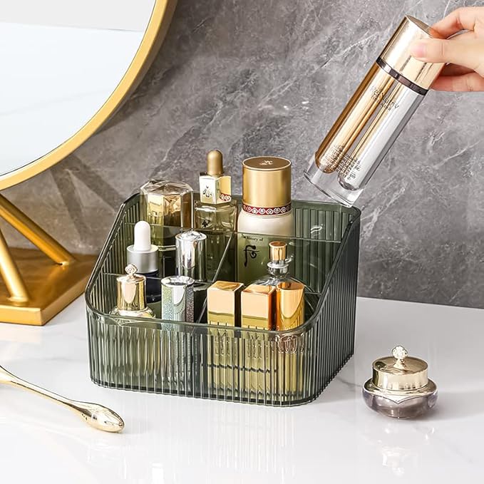 Makeup Organizer Cosmetics Storage Box, Large Capacity Make Up Brush Holder Organizer Vanity Accessories, Bathroom Countertops, Desk Storage Container, Cosmetic Display cases(Green-L)